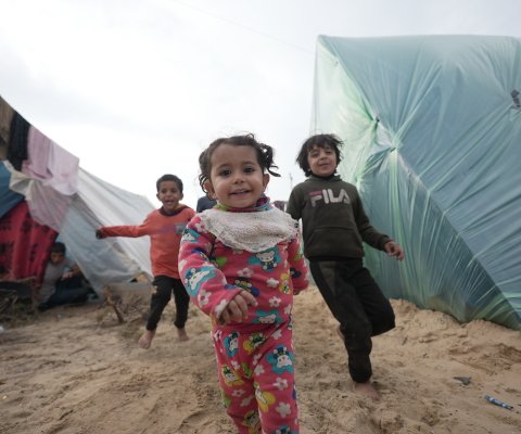 Children in Mawasi Rafah are playing among their parents and among the tents their parents built after being forcibly displaced 