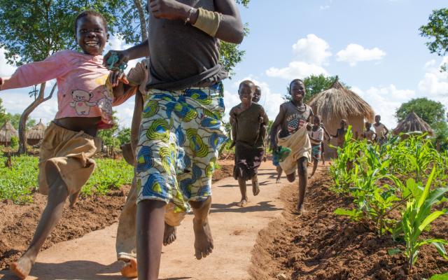 Children play near their homes at the Bidibidi refugee settlement in Uganda. 