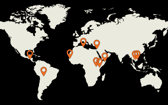 A global map showing orange pins where Oxfam's ReCIPE partners are located.