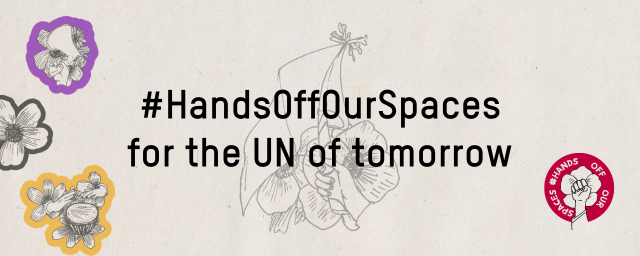 #HandsOffOurSpaces campaign header image for the UN of tomorrow