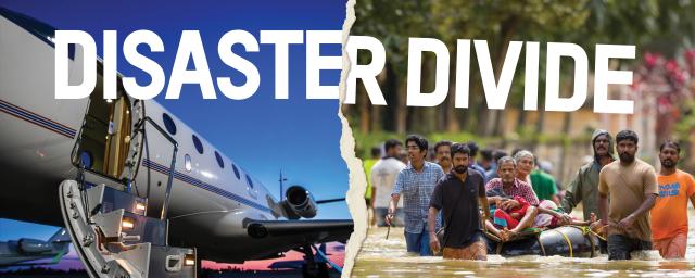 Disaster Divide report cover showing a private jet on one side and people wading through floodwaters on the other, illustrating the contrast between wealth and climate-related impacts.
