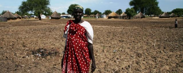 A farmer stands on her prepared land in South Sudan