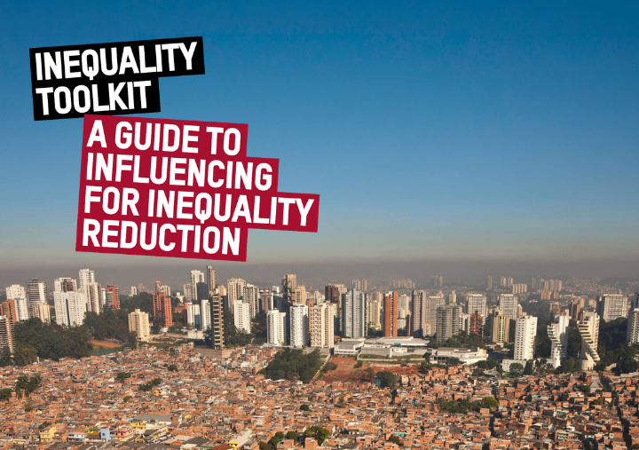 Densely packed low-rise homes in the foreground contrasted with modern high-rise buildings in the background, highlighting urban inequality.