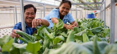 Chana and Sare are part of an aquaponics pilot project, which gives villagers the opportunity to grow vegetables in a climate resilient way that can then be used to support their household expenses.