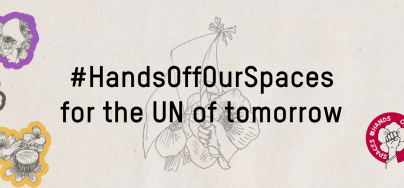 #HandsOffOurSpaces campaign header image for the UN of tomorrow