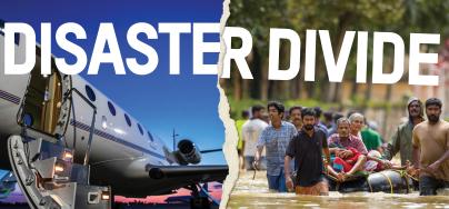 Disaster Divide report cover showing a private jet on one side and people wading through floodwaters on the other, illustrating the contrast between wealth and climate-related impacts.